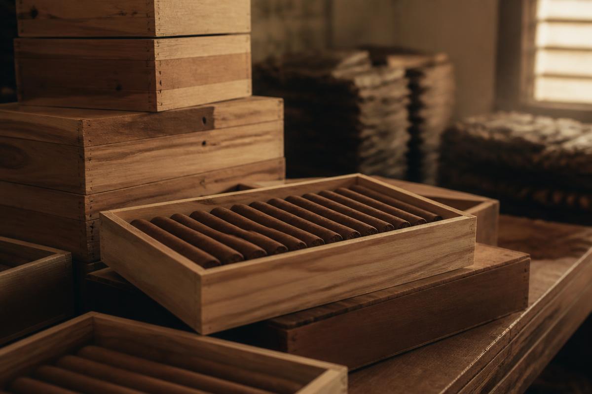 Long-filler cigars resting in cedar boxes