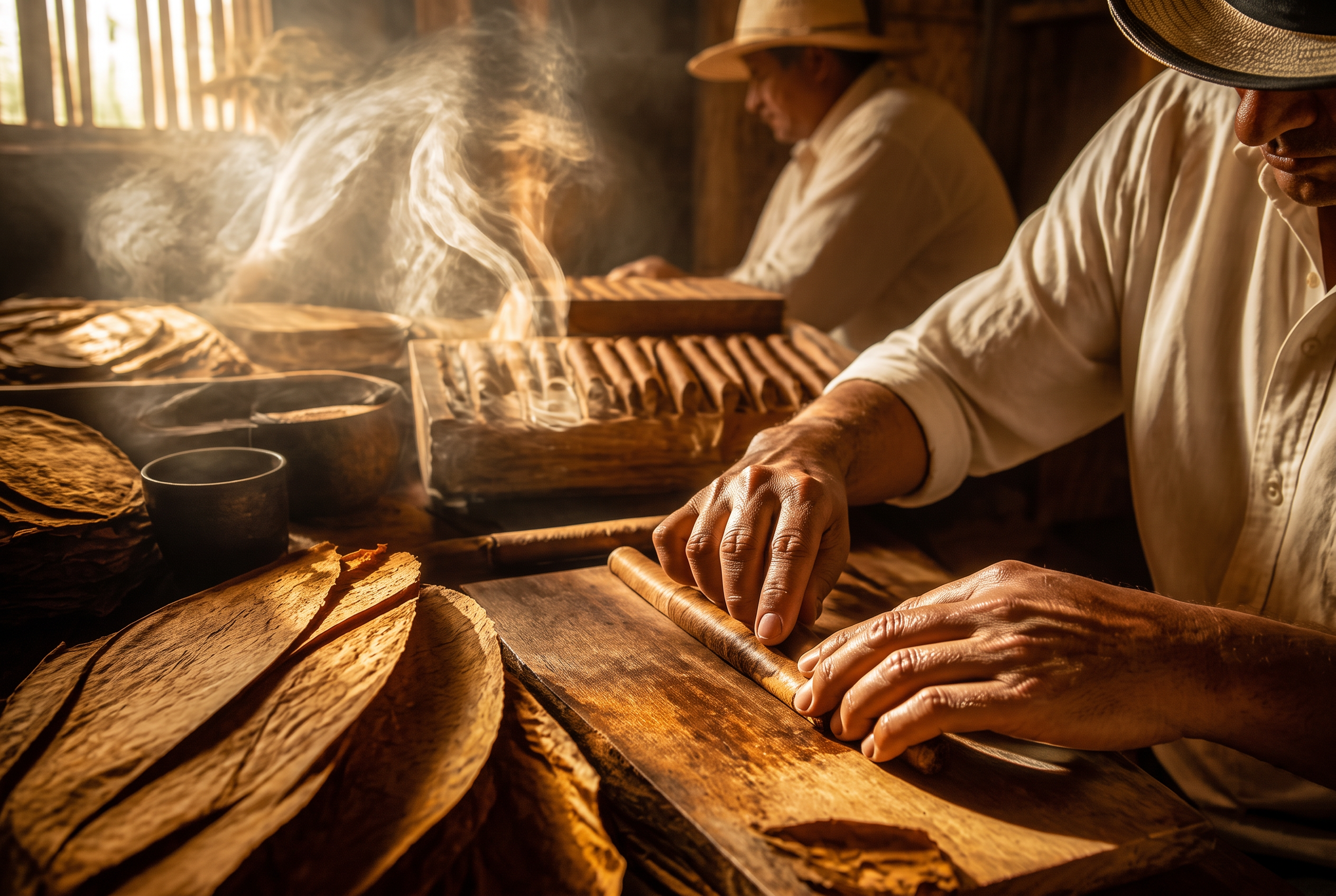 A torcedor rolling a long-filler cigar as smoke drifts through the light of the farm's rolling room